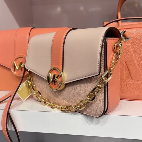 Michael Kors Carmen Small Monogram Flap Crossbody Sherbert Color - Picture 14 of 16